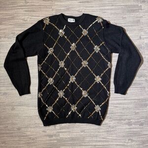 Alfred Dunner sequin & bead black pullover sweater size PM diamond check